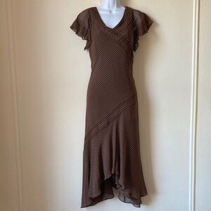 Adrianna Papell Vtg 90s Silk Slip Dress Brown Polka Dot Asymmetrical Ruffle Sz12